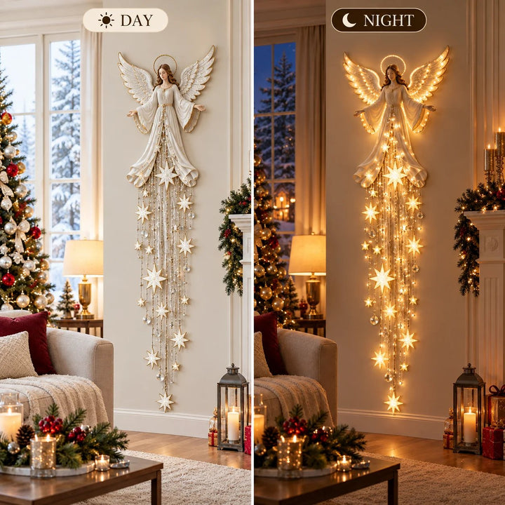 Engle-juleplafond med glorie og faldende stjerner, varm hvid