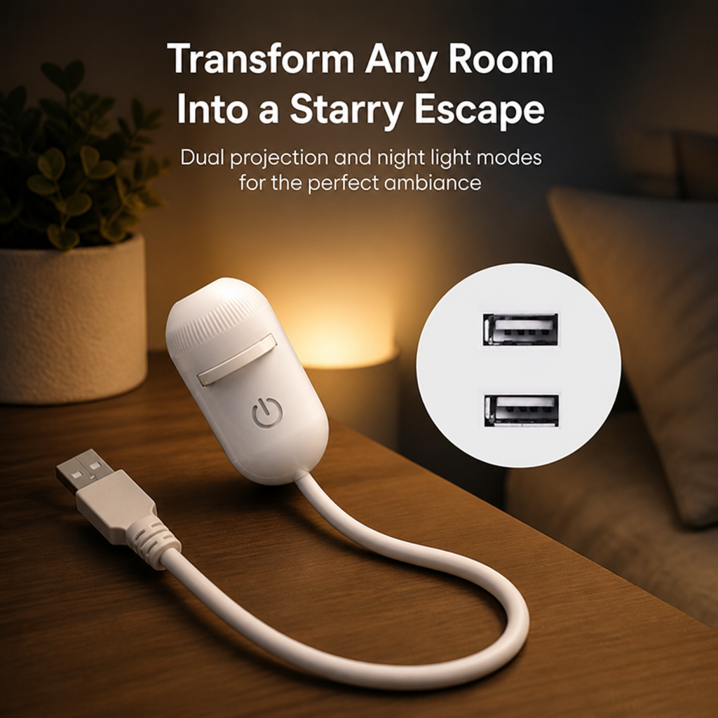 2-i-1 stjerneprojektor og varmt natlys med udskiftelige folier, USB-drevet
