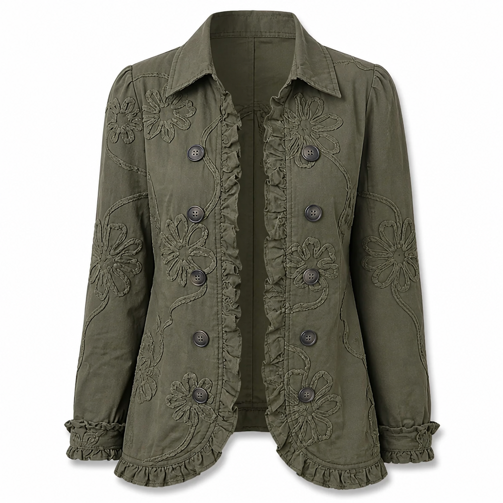 Blomsterbroderet utility-jakke – vintage-boho-stil med flæsekanter