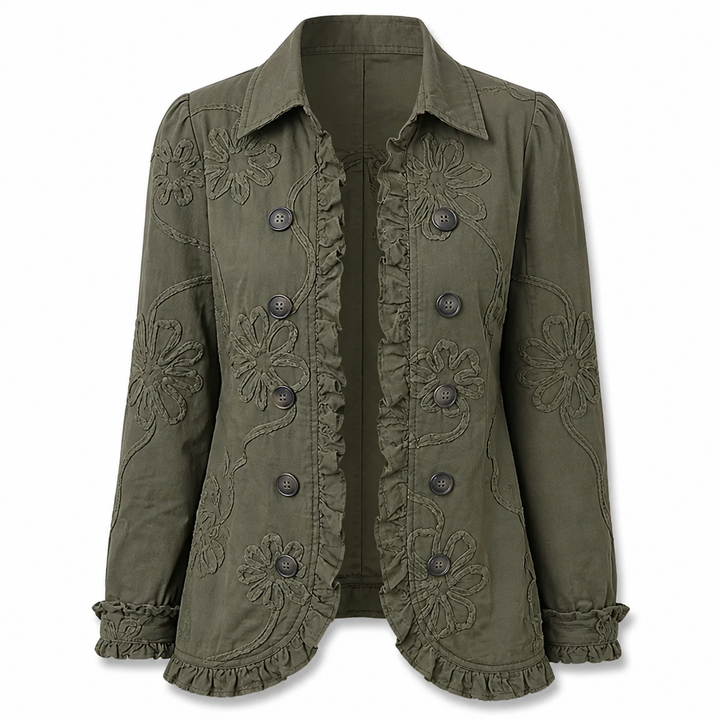 Blomsterbroderet utility-jakke – vintage-boho-stil med flæsekanter