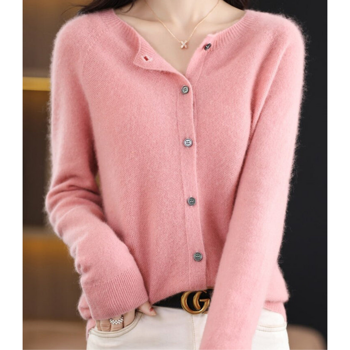 Cardigan til damer i merinould og kashmir – elegant vinterstrik med rund hals