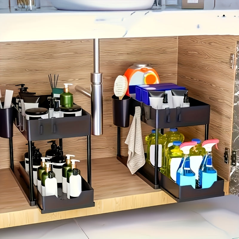 Organizer med 2 niveauer, kroge og kop – smart og stabilt opbevaringssystem til under vasken eller på bordpladen