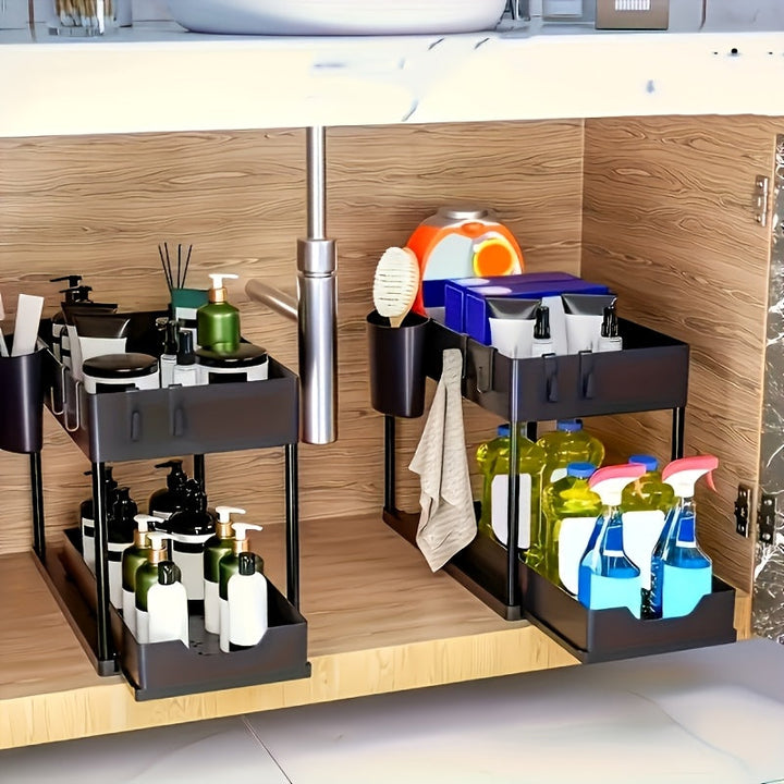 Organizer med 2 niveauer, kroge og kop – smart og stabilt opbevaringssystem til under vasken eller på bordpladen