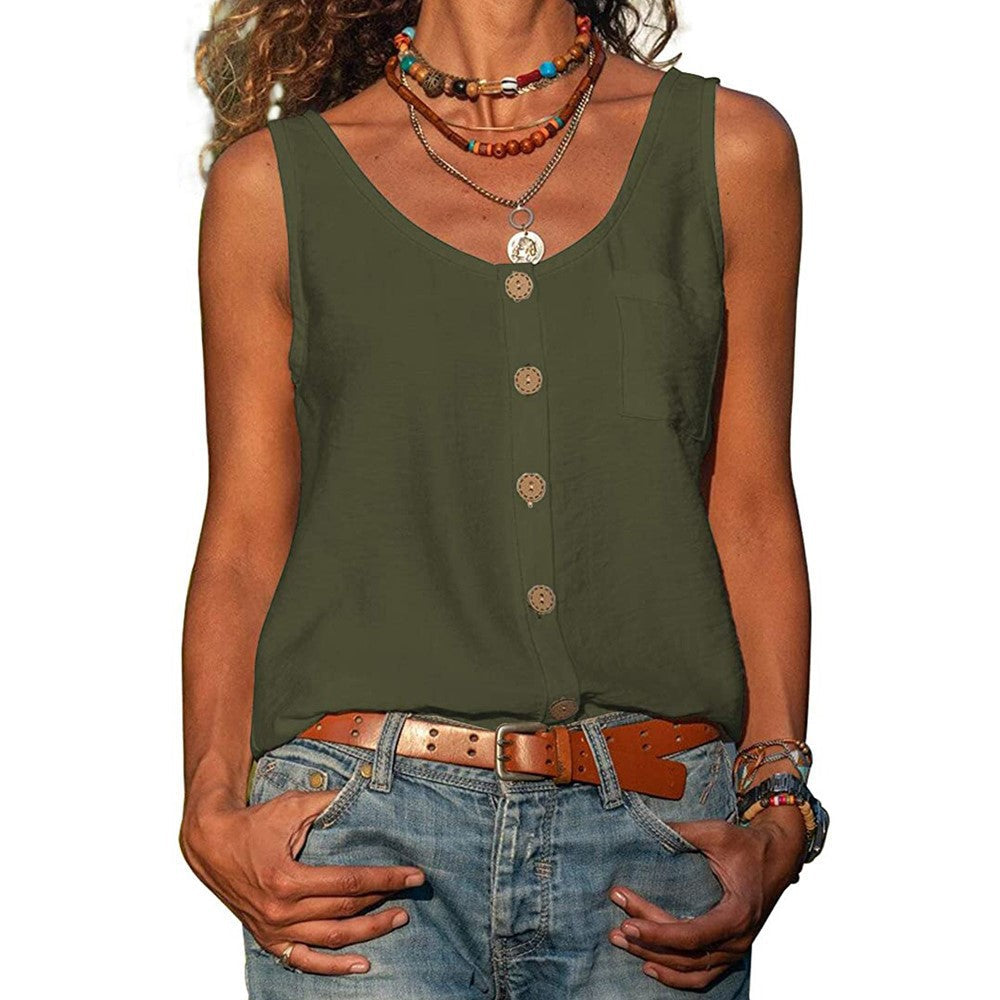 Women's Solid Color V Neck Button Sleeveless Pocket Vest Top
