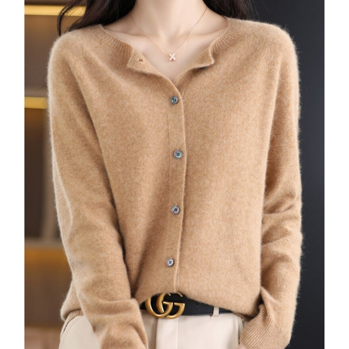 Cardigan til damer i merinould og kashmir – elegant vinterstrik med rund hals