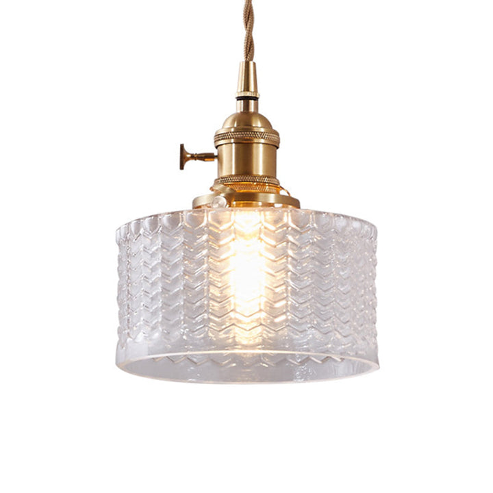 Kort cylindrisk retro pendellampe i bølget glas, klar/grøn med messing drejekontakt