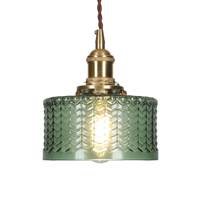 Kort cylindrisk retro pendellampe i bølget glas, klar/grøn med messing drejekontakt