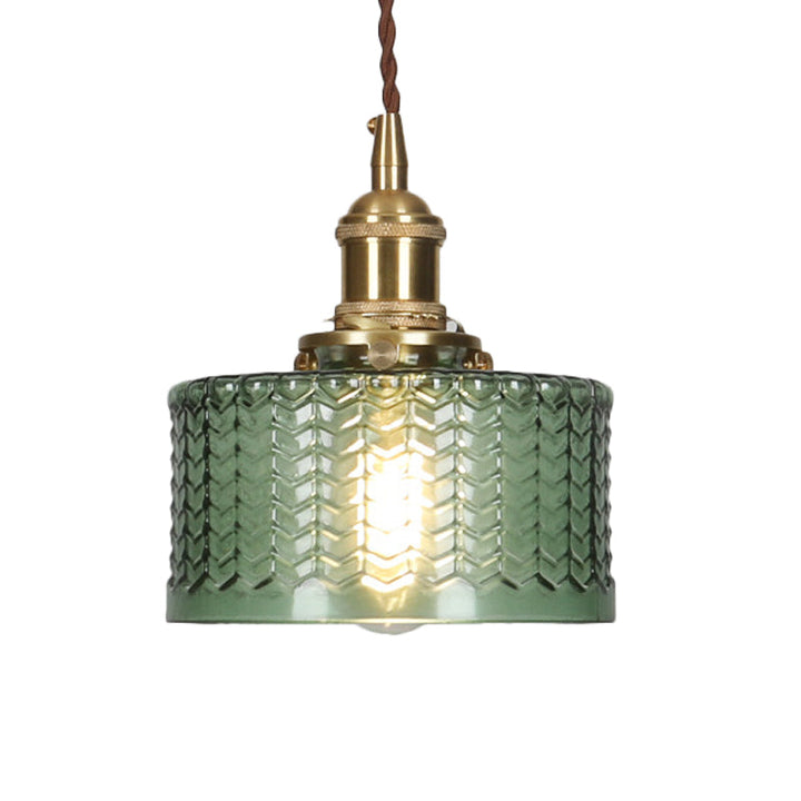 Kort cylindrisk retro pendellampe i bølget glas, klar/grøn med messing drejekontakt