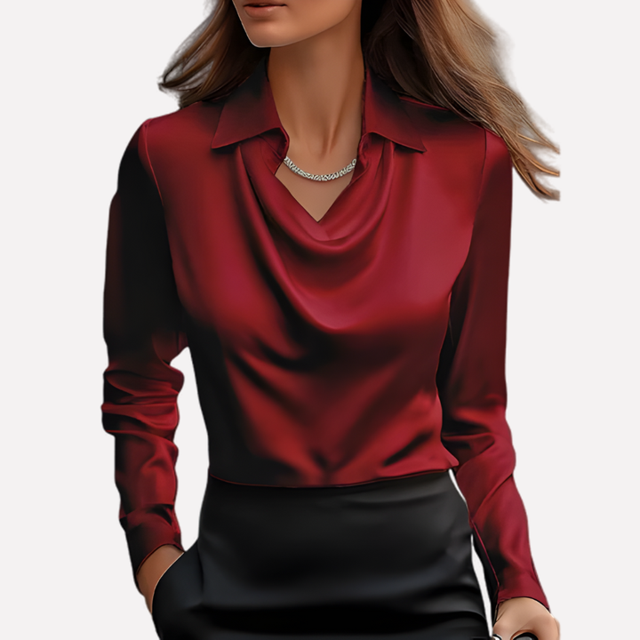 Dame Satin Bluse med Draperet Krave