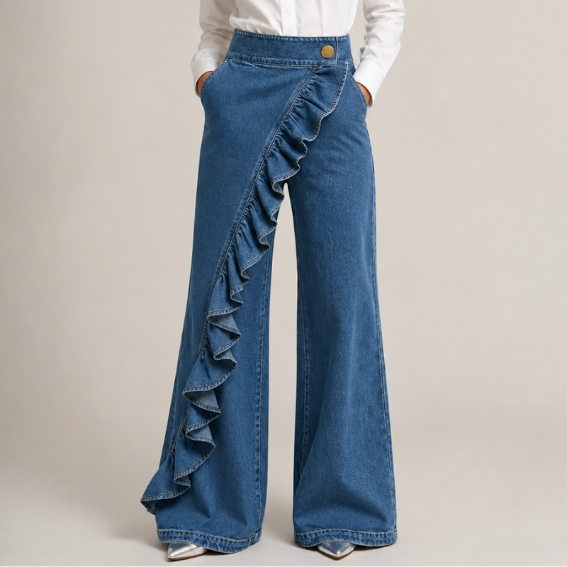 Vide denimbukser til damer med asymmetrisk flæse, culotte-stil