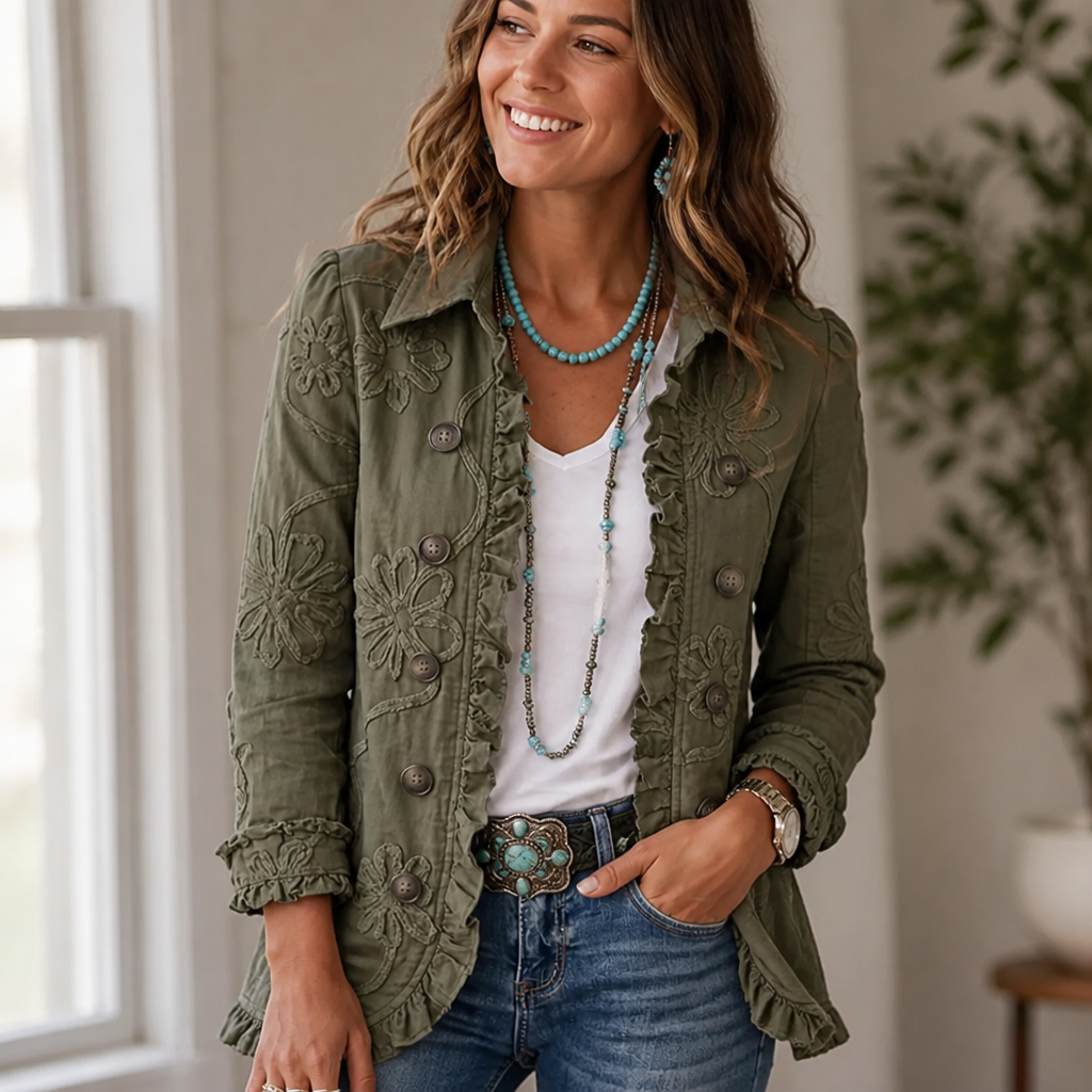 Blomsterbroderet utility-jakke – vintage-boho-stil med flæsekanter