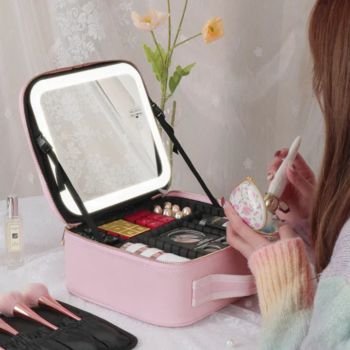 GlowLuxe LED sminketaske | Bærbar skønhedsorganizer med justerbart LED-spejl for et fejlfrit makeup