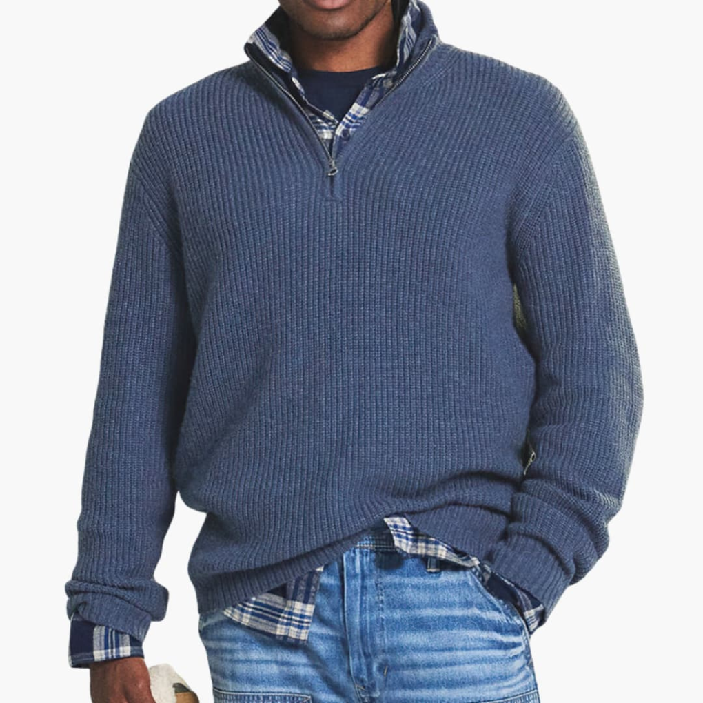 Herre Ribbet Strikpullover med Halv-Zip Krave
