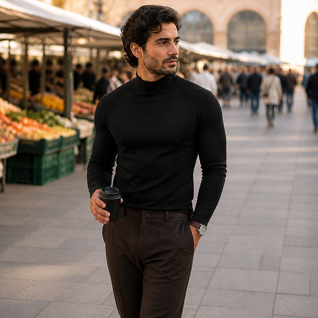 Slim fit-langærmet trøje med foldbar høj krave til mænd
