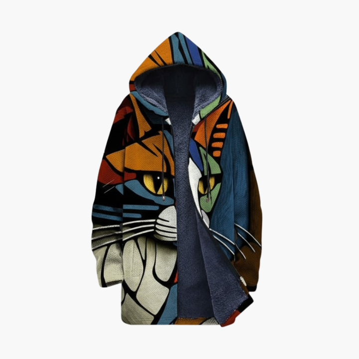 Unisex hættetrøje med lynlås og katteprint design