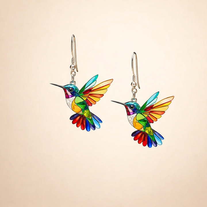 Elegante øreringe i hvidguld med farverig kolibri