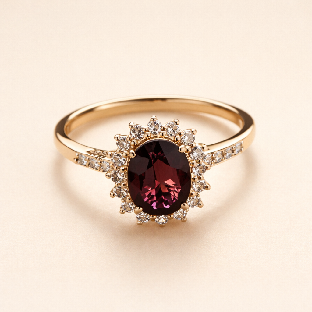 Elegant guldring med rød zirkonia