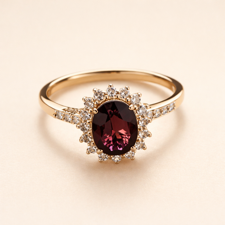 Elegant guldring med rød zirkonia