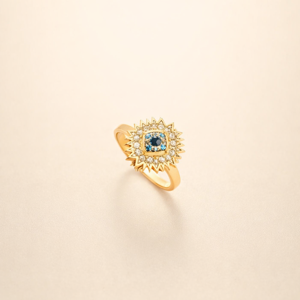 Guld drejering med safir og solstrålesdesign
