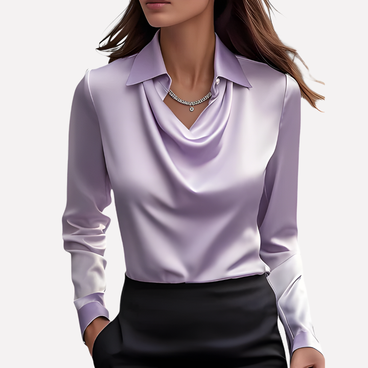 Dame Satin Bluse med Draperet Krave