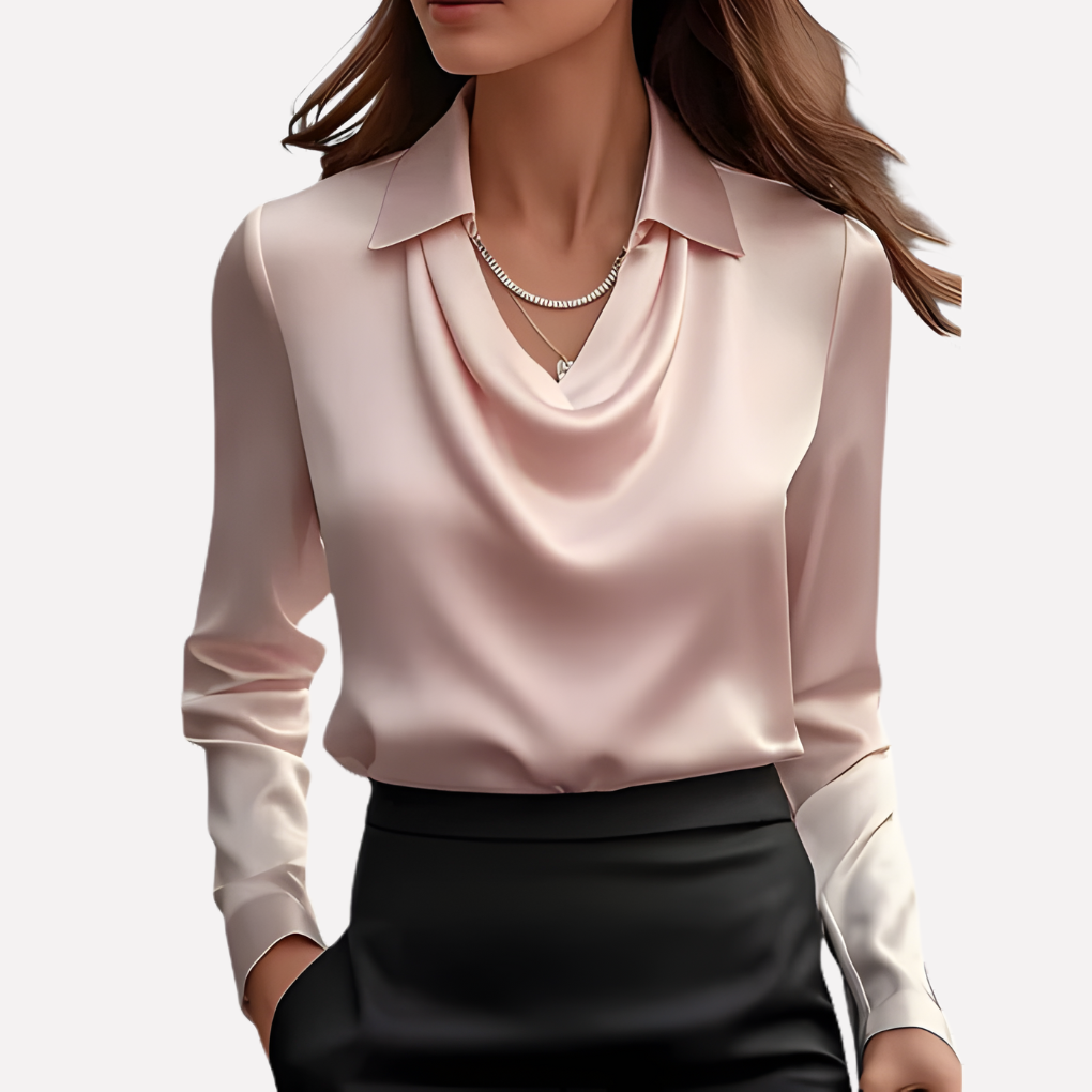 Dame Satin Bluse med Draperet Krave