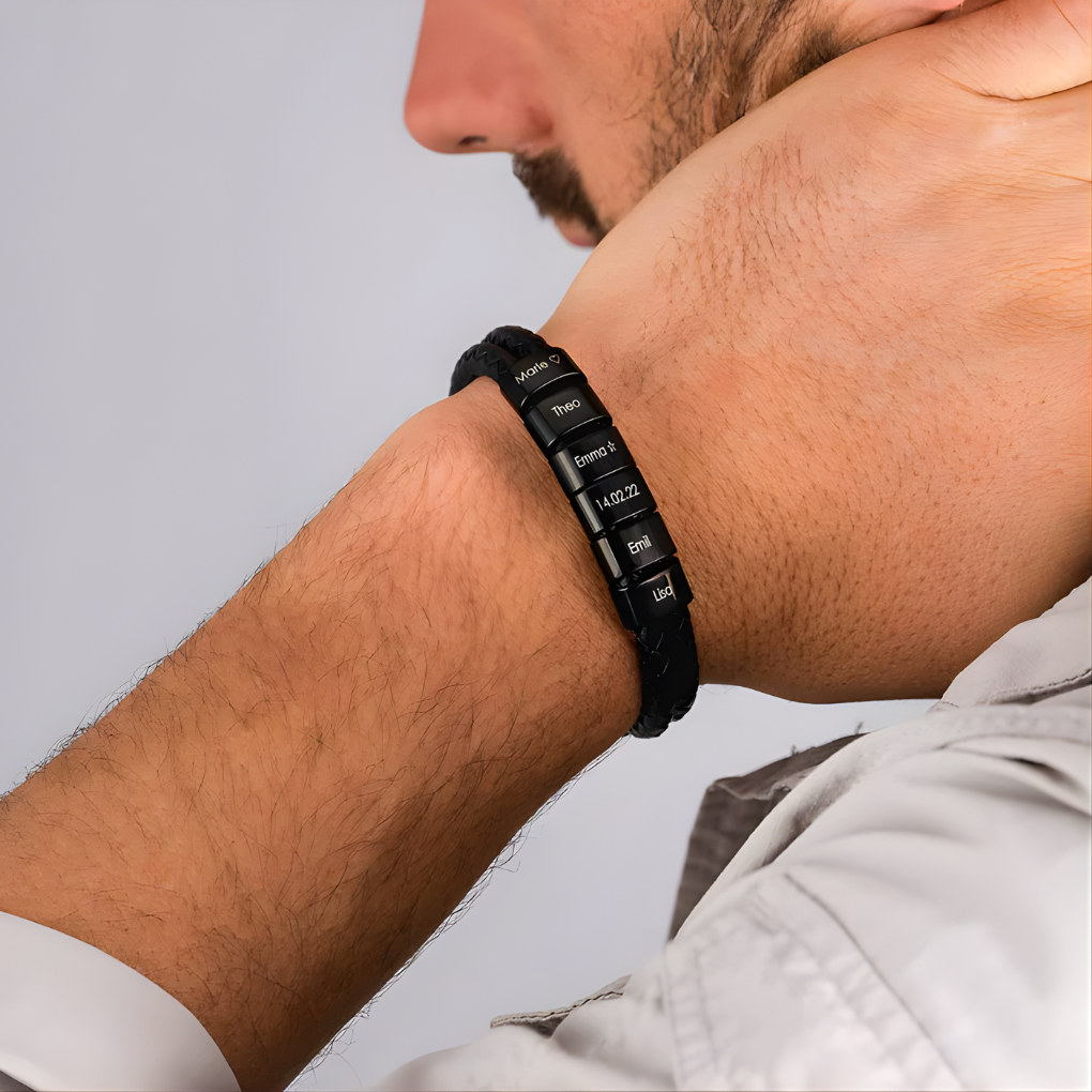 Herre Sort Armbånd med Gravede Perler