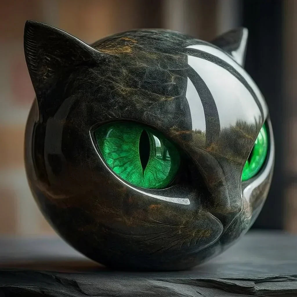 NoirCat-skulptur – Sort Kattehoved med Hypnotiske Øjne