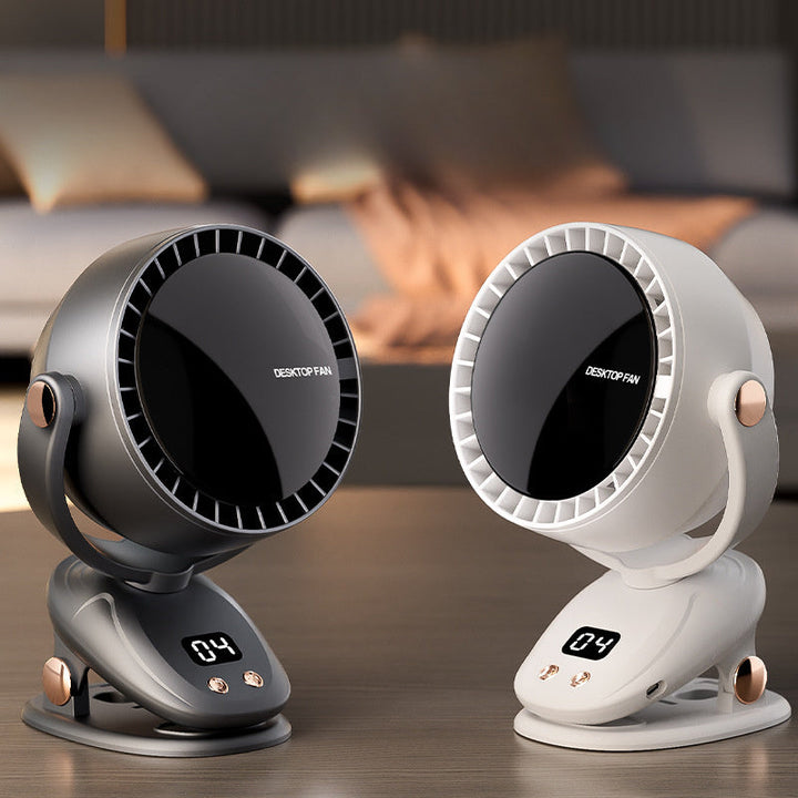 Bærbar bladfri ventilator med digitalt display – lydsvag og genopladelig til inde og ude