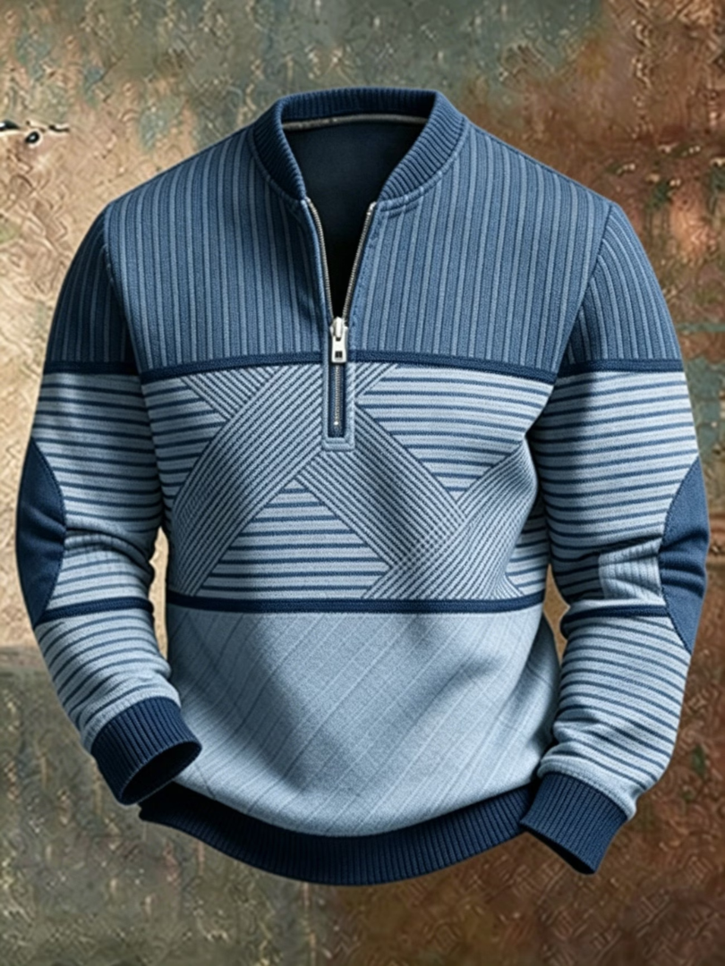 Stribet herresweater med halv lynlås og lange ærmer med ribkant