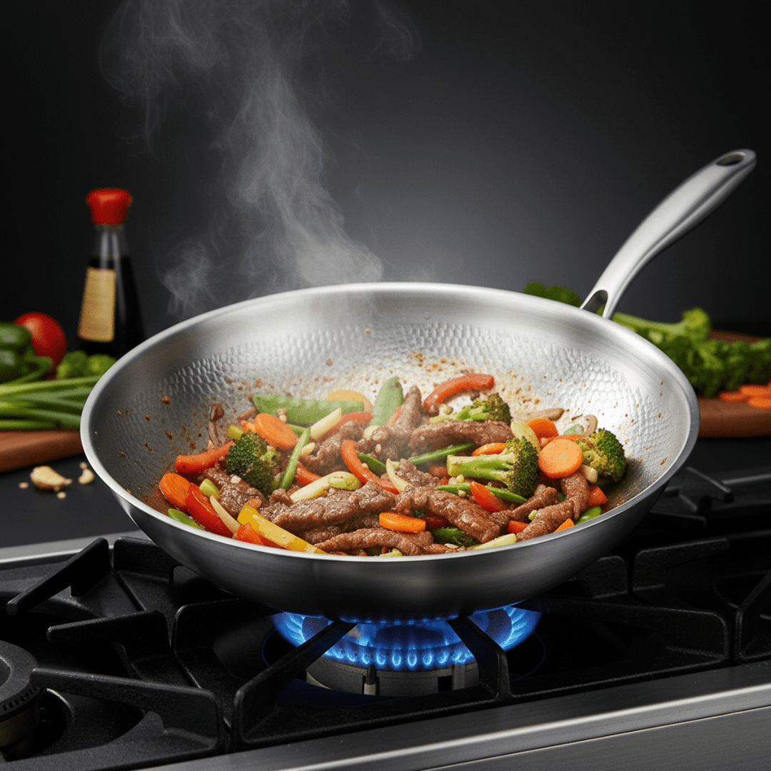 Hamret wokpande af titanium med flad bund
