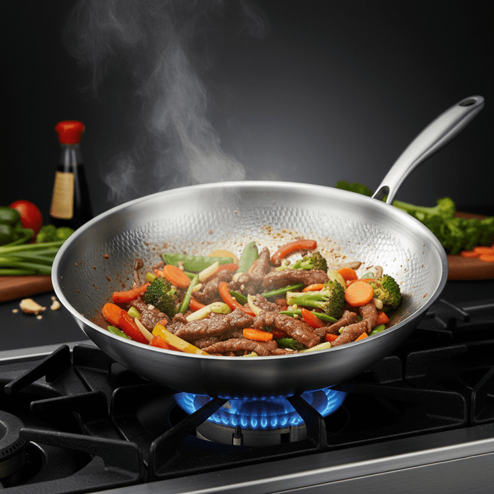 Hamret wokpande af titanium med flad bund