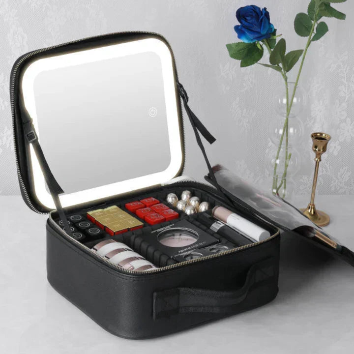GlowLuxe LED sminketaske | Bærbar skønhedsorganizer med justerbart LED-spejl for et fejlfrit makeup
