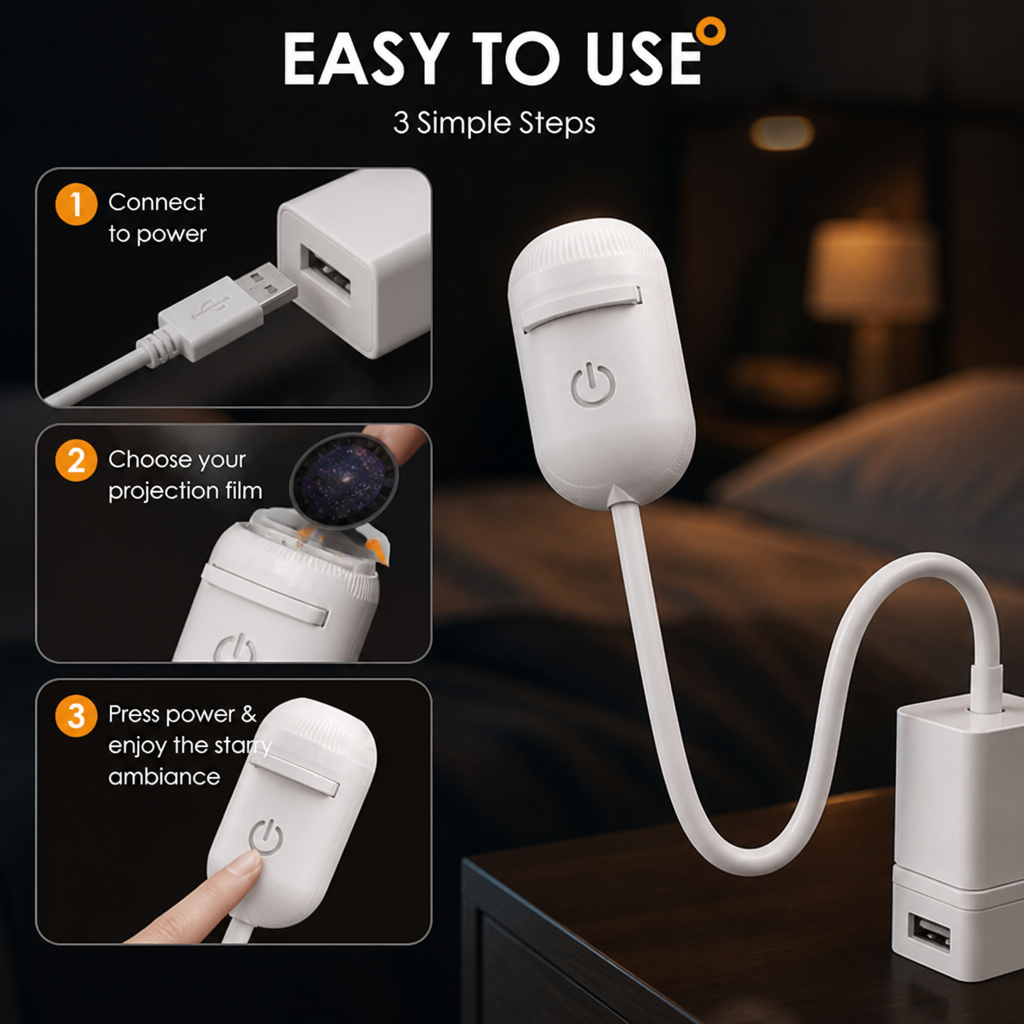 2-i-1 stjerneprojektor og varmt natlys med udskiftelige folier, USB-drevet