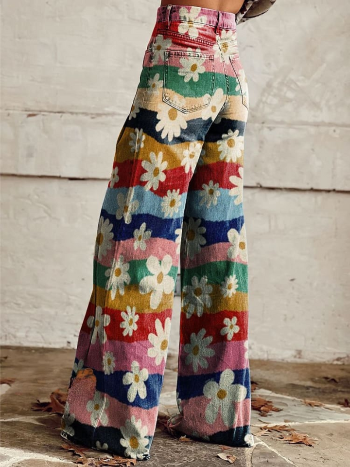 Trendy retro bukser med blomster, høj talje og vidde ben - Mirella