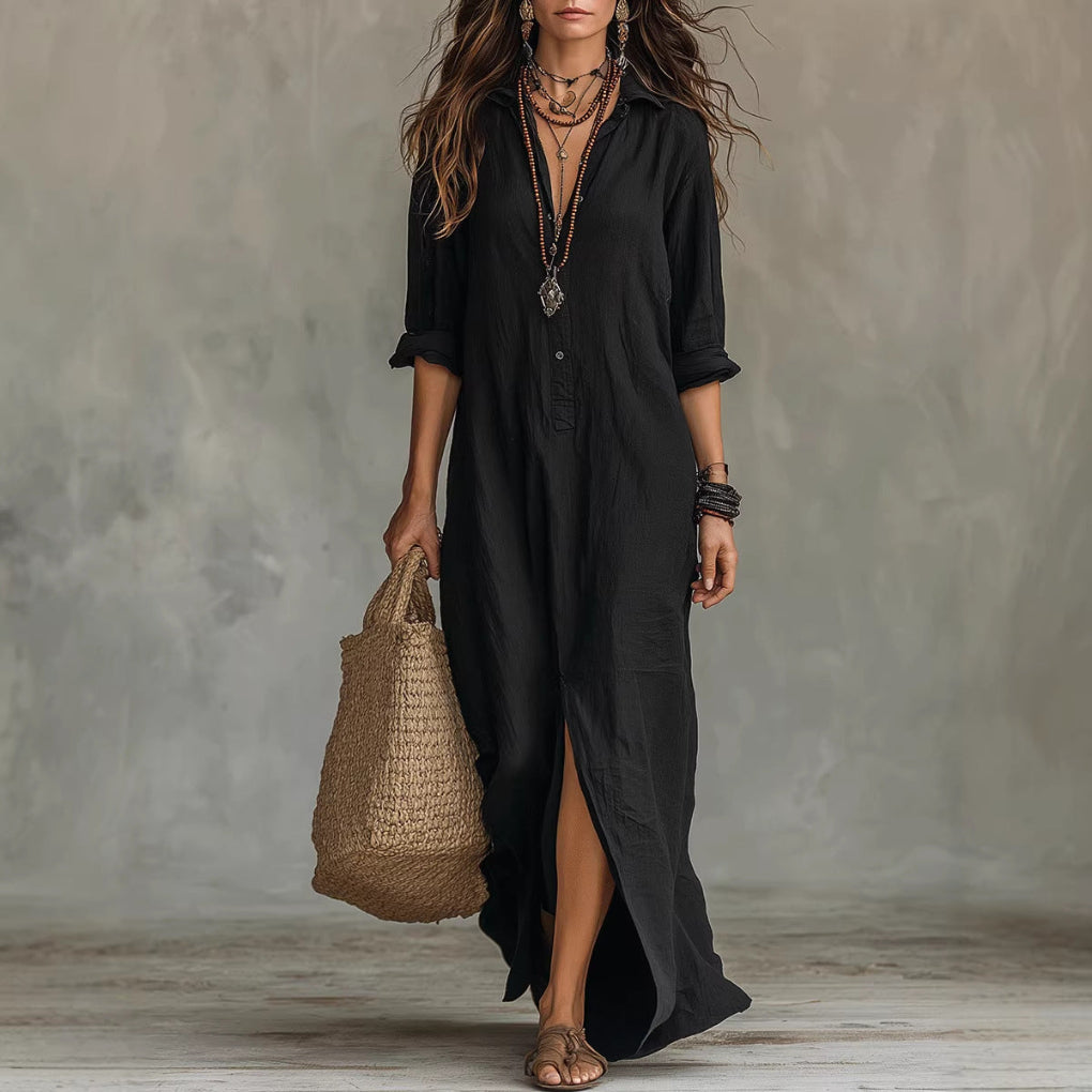 Long-sleeve Maxi Dress Casual Solid Color Lapel Collar Side Slit Beach Dresses Women's Clothing
