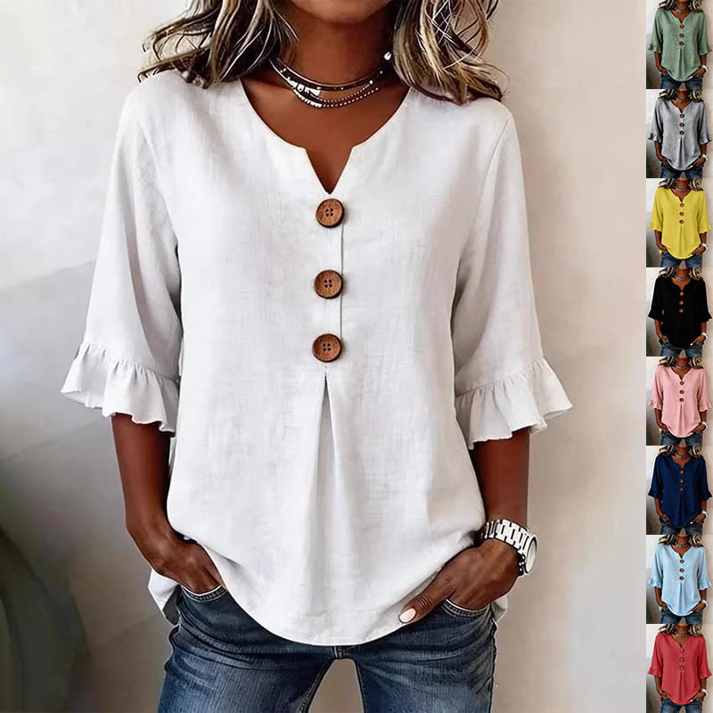 Summer Ruffled-Sleeve Top Loose Casual V-Neck Buttons Short-sleeved Shirts Women's Clothing