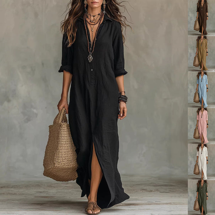 Long-sleeve Maxi Dress Casual Solid Color Lapel Collar Side Slit Beach Dresses Women's Clothing