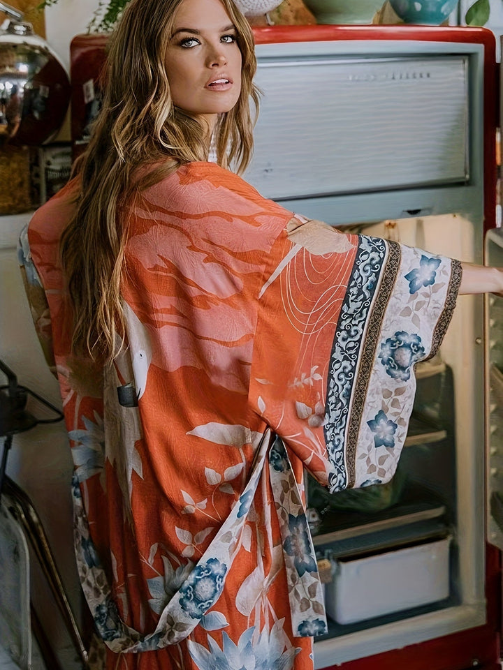 Kimono med rødt blomsterprint - Isabella