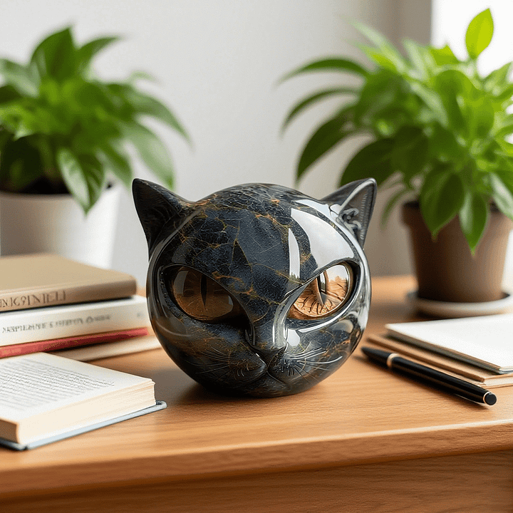 NoirCat-skulptur – Sort Kattehoved med Hypnotiske Øjne
