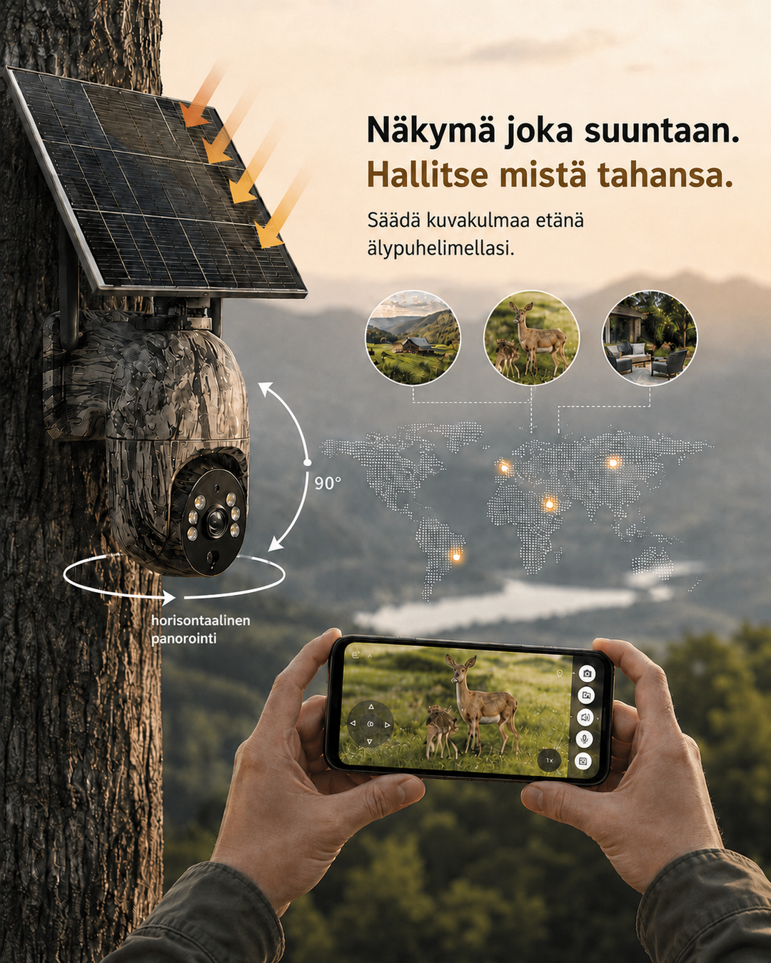 Soldrevet trådløst overvågningskamera med 4G LTE eller wi-fi, 2K, PTZ, nattesyn