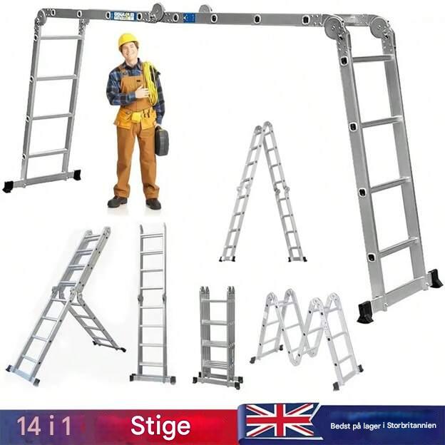 14-i-1 multifunktionel kombinationstige i aluminiumslegering 4,7 m/15,5 ft sammenklappelig trappestige med en kapacitet på 150 kg/330 lbs