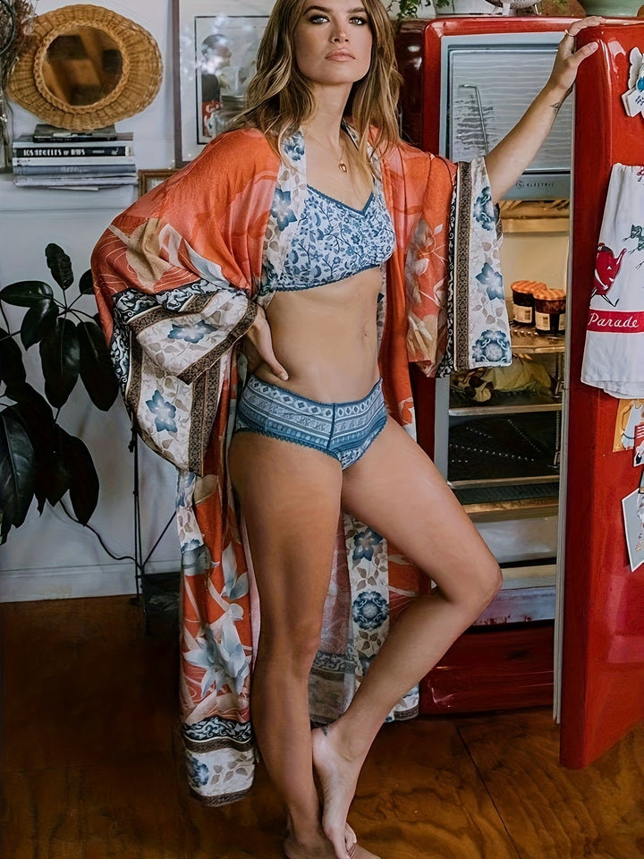 Kimono med rødt blomsterprint - Isabella
