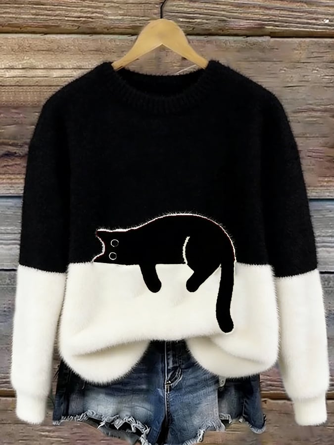Oversize-sweater med katteprint