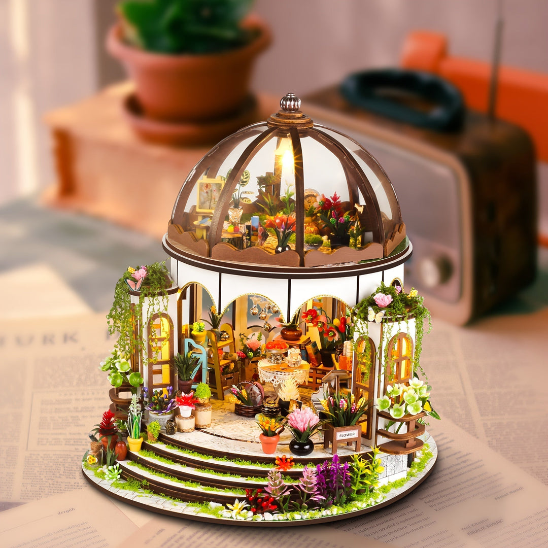 Miniature blomsterhus – 3D-trepuslespil med LED-belysning og detaljeret have