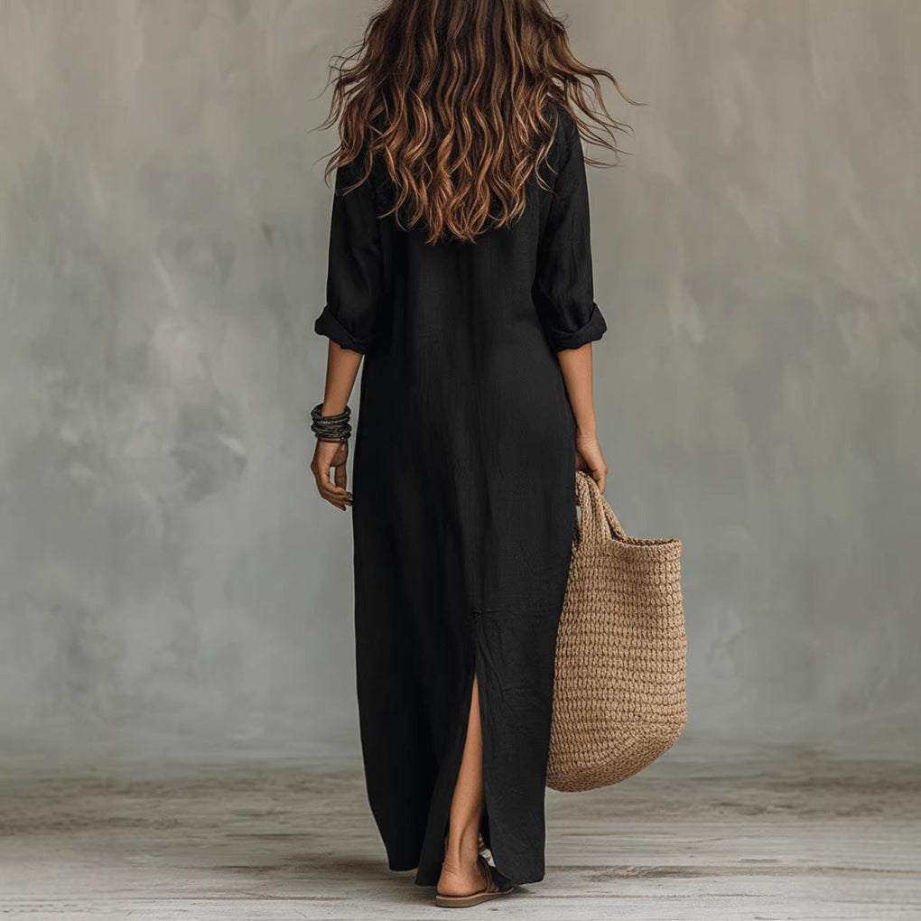Long-sleeve Maxi Dress Casual Solid Color Lapel Collar Side Slit Beach Dresses Women's Clothing