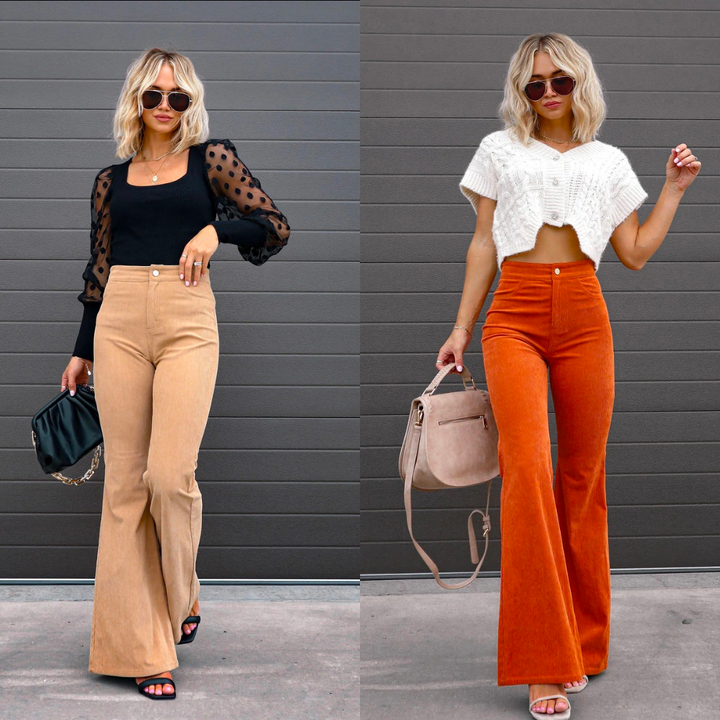 Højtaljede flared bukser i økologisk fløjl til kvinder – Elegance Spice