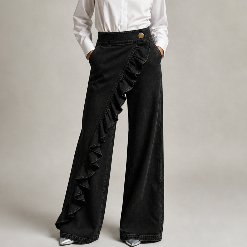 Vide denimbukser til damer med asymmetrisk flæse, culotte-stil