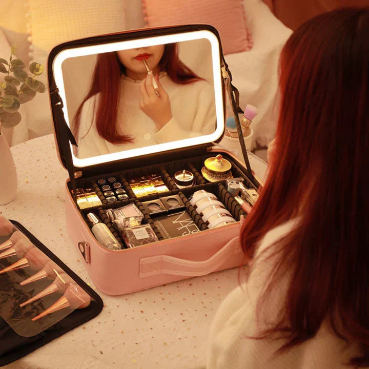 GlowLuxe LED sminketaske | Bærbar skønhedsorganizer med justerbart LED-spejl for et fejlfrit makeup