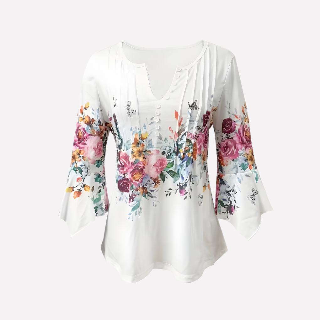 Damebluse med V-hals og blomsterprint