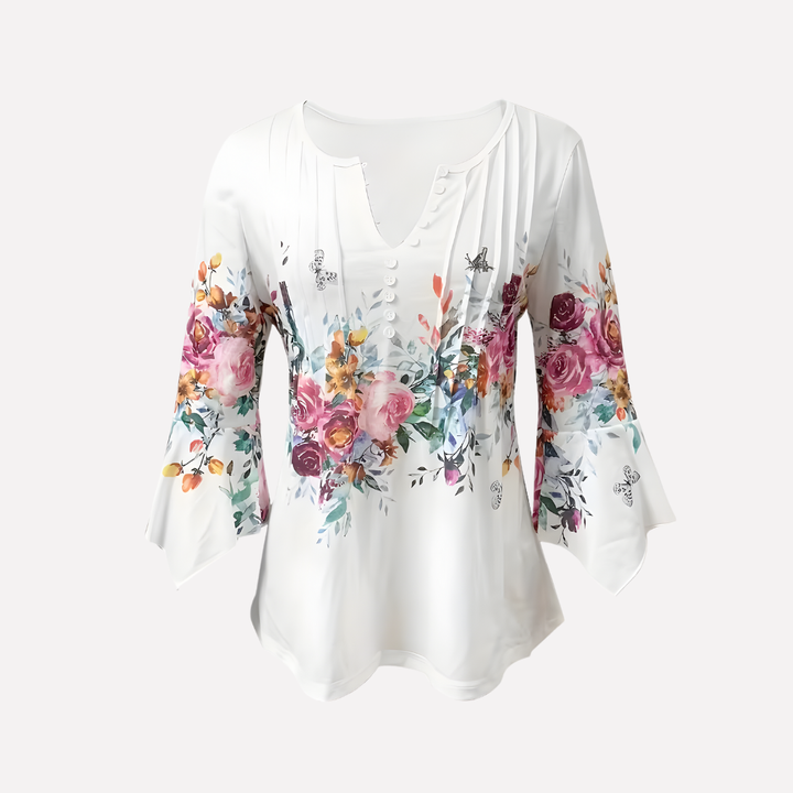 Damebluse med V-hals og blomsterprint